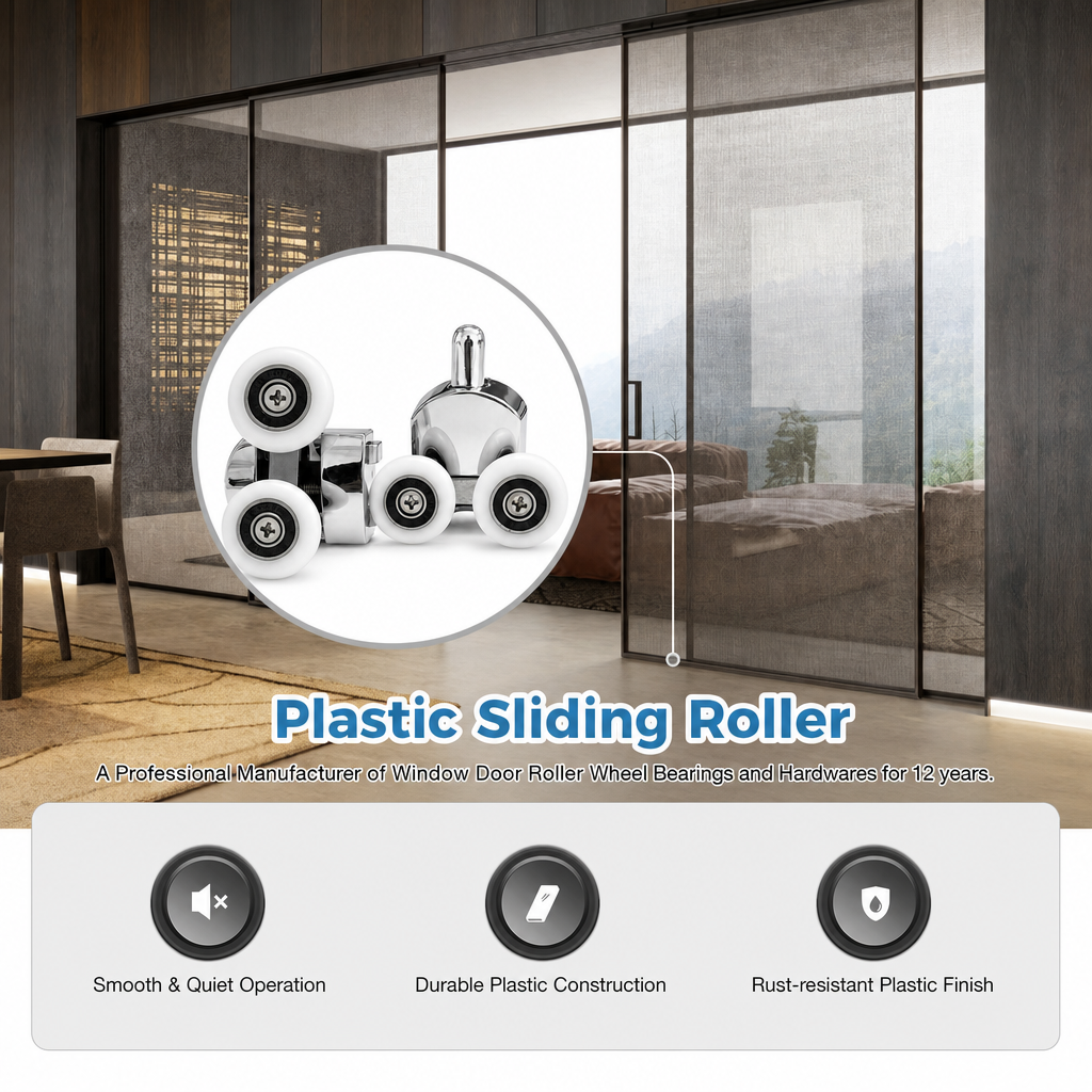 Double wheel shower door roller with chrome zinc alloy bracket and nylon pulley – front view