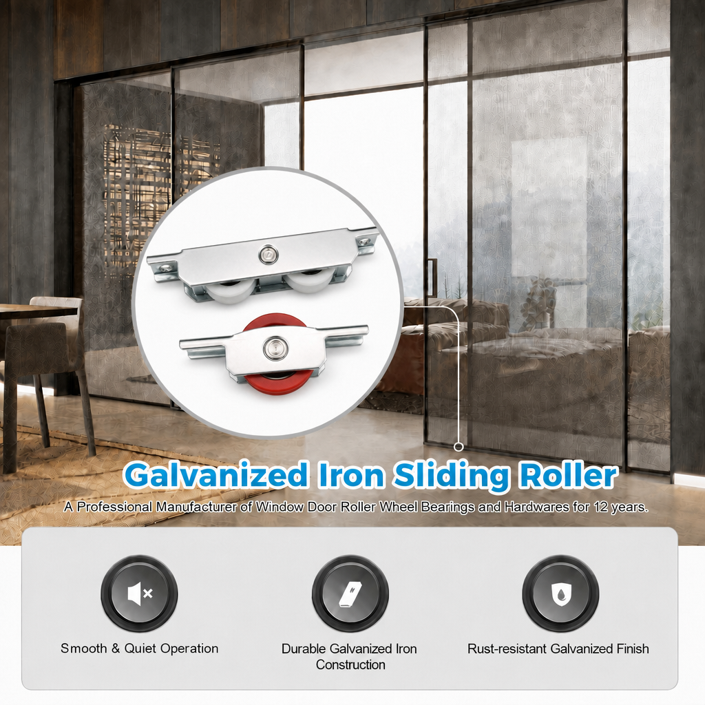 Die-cast zinc alloy sliding patio door roller with double white nylon wheels – front view