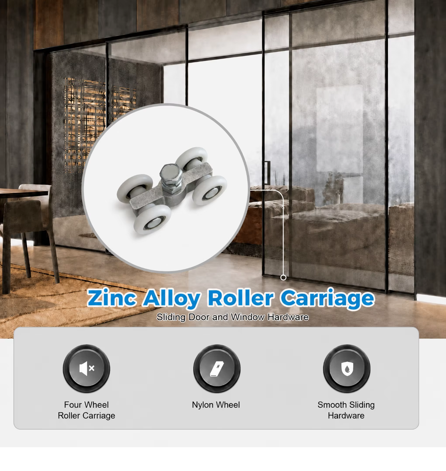 Aluminum alloy roller pulley with POM wheel – front view showing compact carriage design