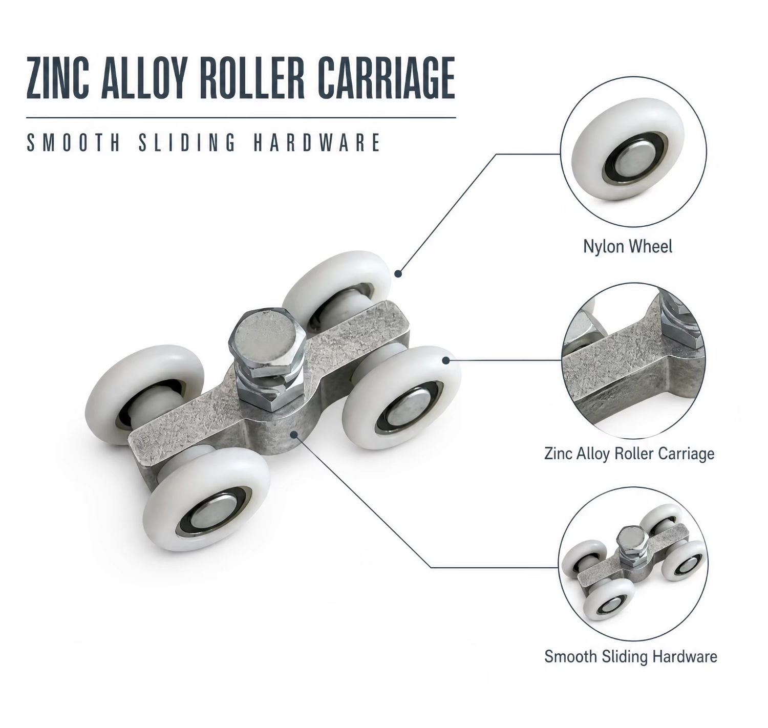 Aluminum alloy roller pulley with POM wheel – side profile highlighting wheel thickness and axle placement