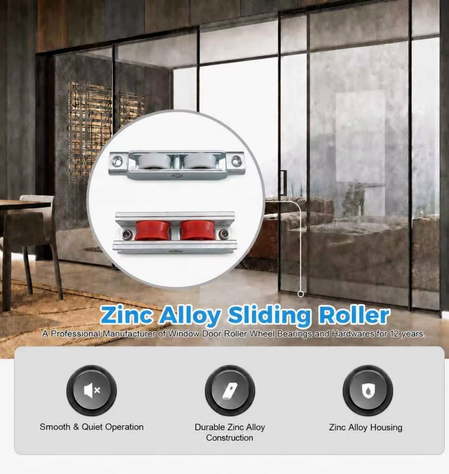 Aluminum housing triple nylon wheel sliding window roller – front view showing three wheels and mounting bracket