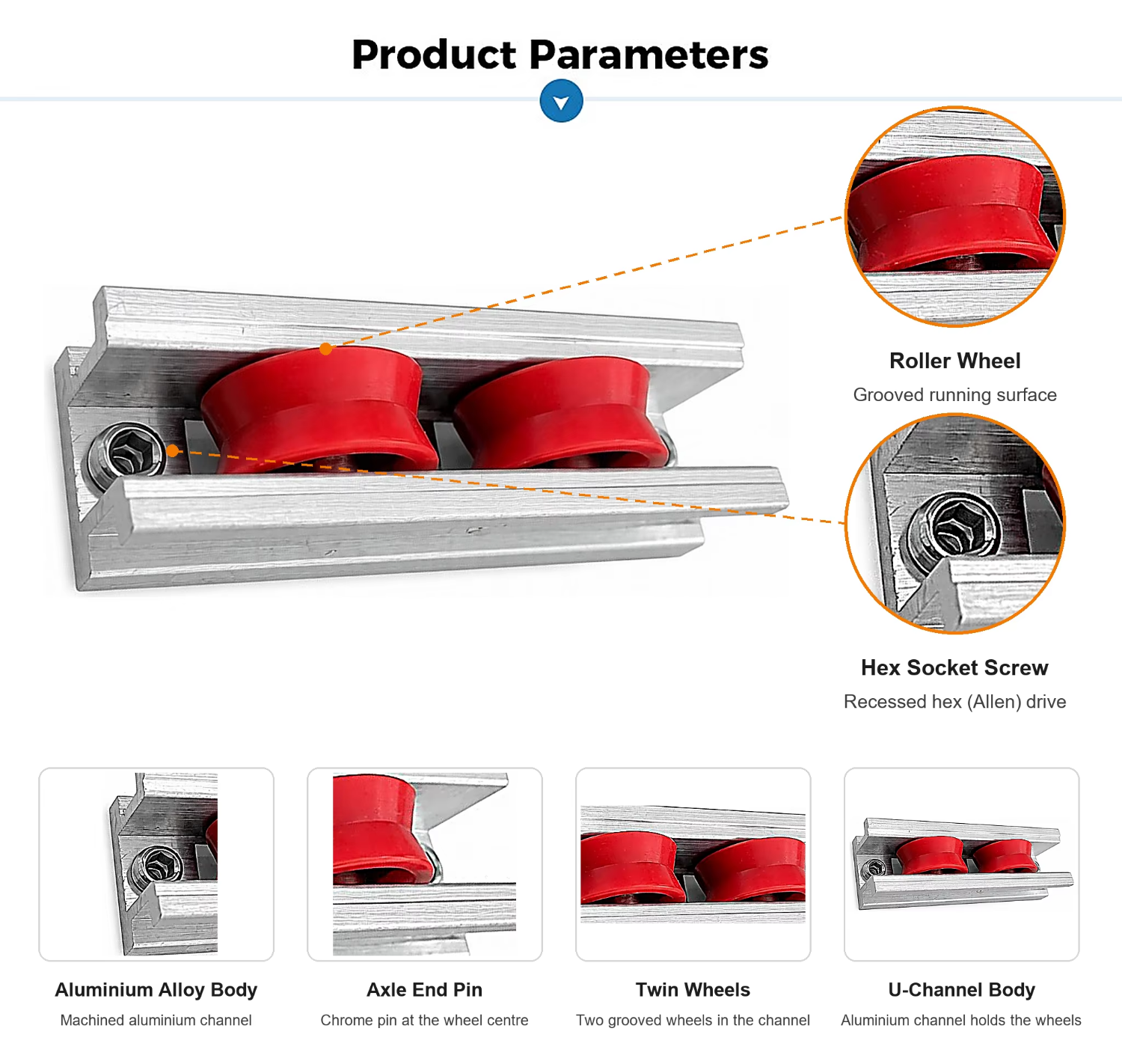 Triple nylon wheel roller assembly – angled view highlighting aluminum housing and wheel arrangement