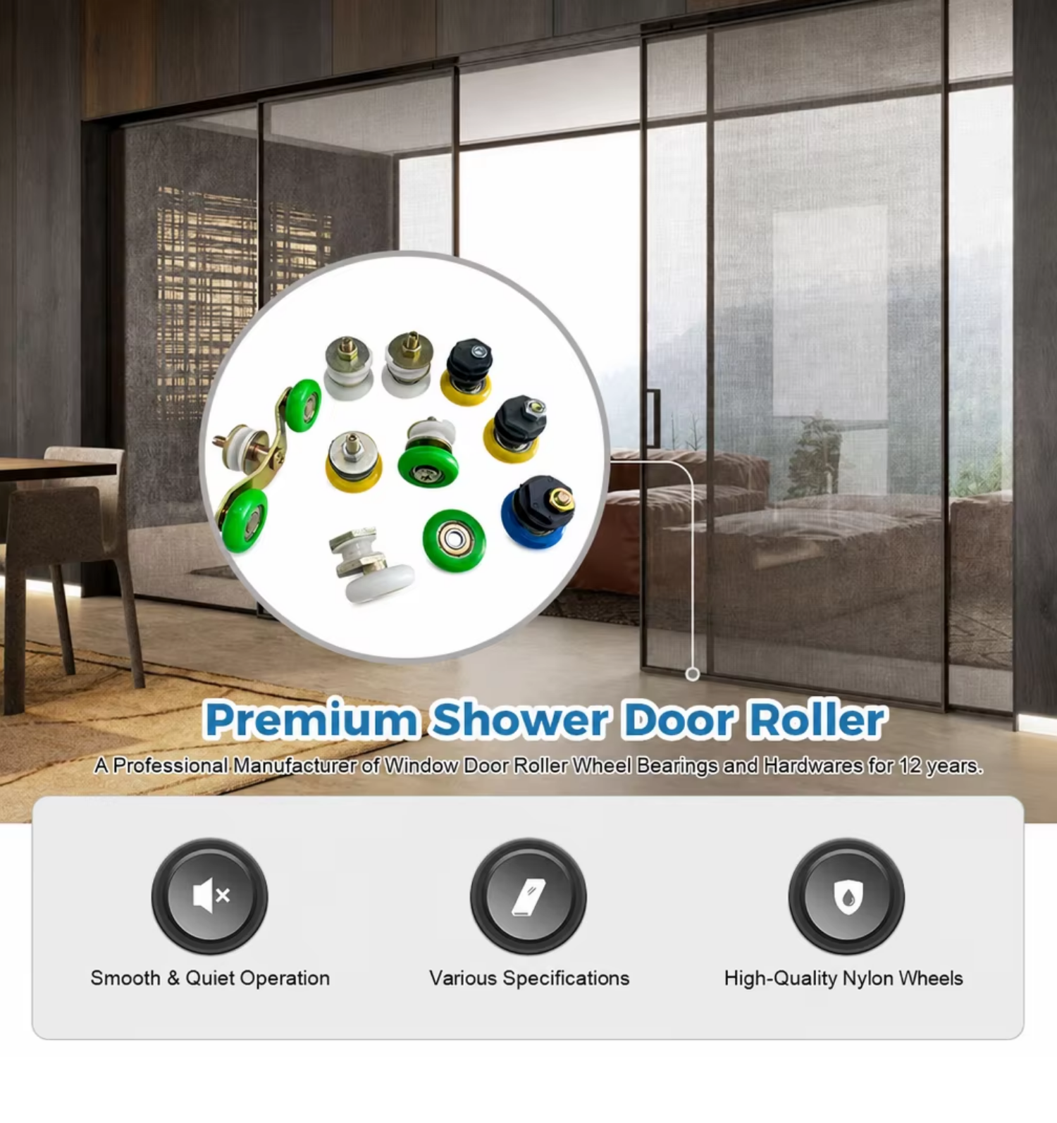 Roldana 1125 shower door roller with nylon wheel and eccentric shaft – front view