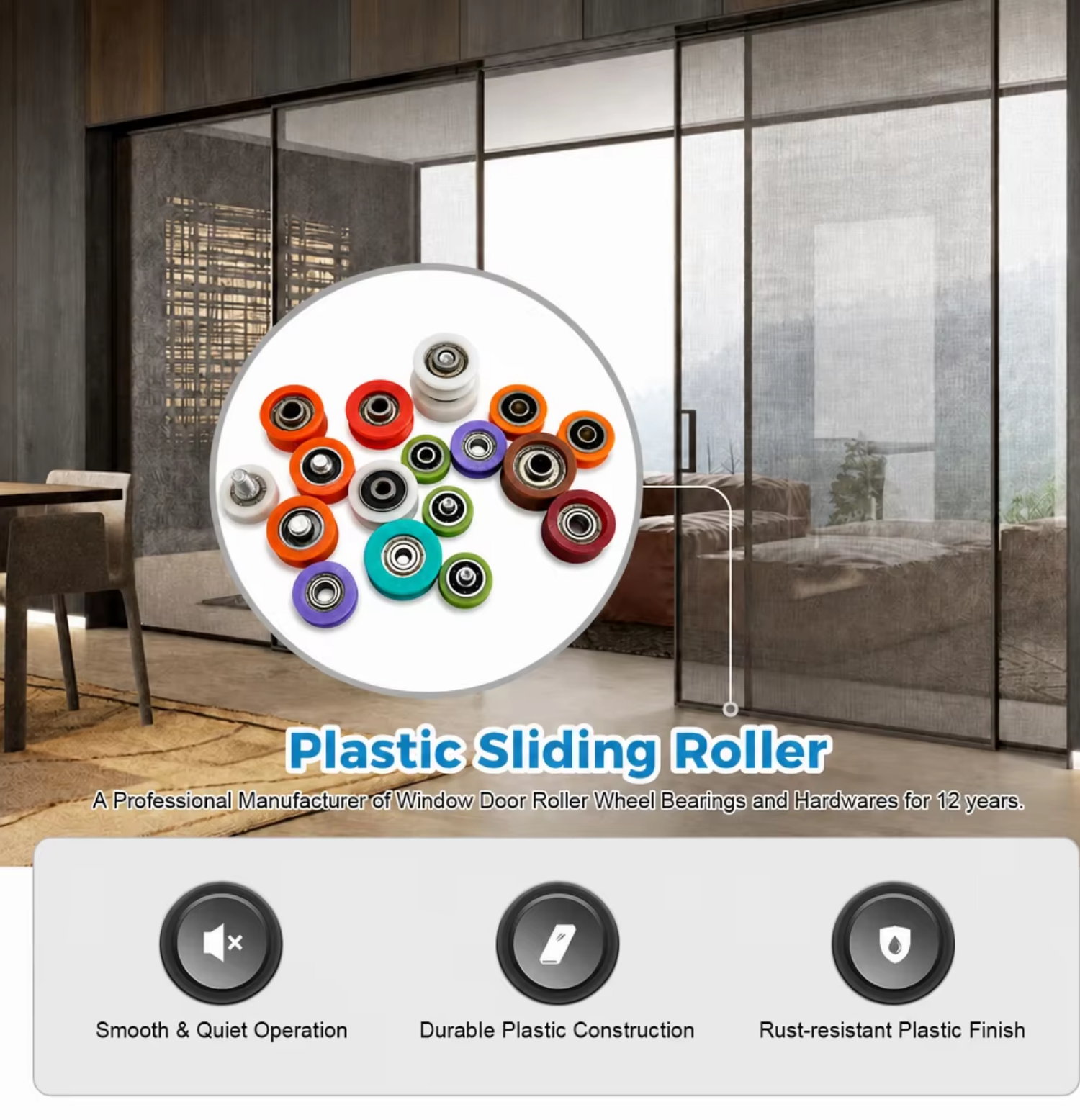 Custom plastic wheel with ball bearing – flat groove profile for sliding door hardware